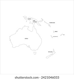 Political map of Australia. Thin black outline map with country name labels on white background. Ortographic projection. Vector illustration