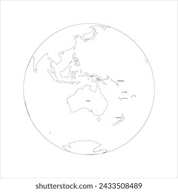 Political map of Australia. Thin black outline map with country name labels on white background. Ortographic projection. Vector illustration