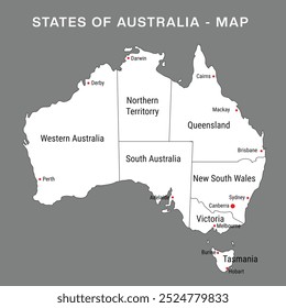 Political Map of Australia vector illustration, flat vector drawing outline map of Australia, Australian administrative map with states, vector illustration map with borders and cities, eps 10 image