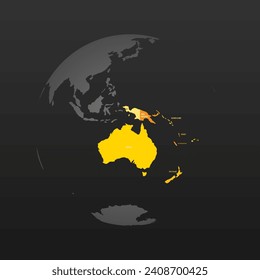 Political map of Australia. Yellow colored land with country name labels on dark gray background. Ortographic projection. Vector illustration