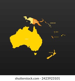 Political map of Australia. Yellow colored land with country name labels on dark gray background. Ortographic projection. Vector illustration