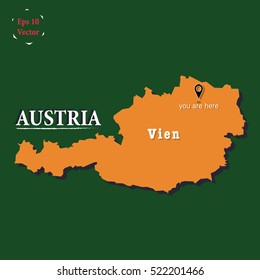 Political map of Austria flat design representation with 3D look. You are here sign and Vien city location.