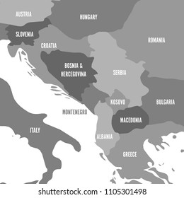 Political map of Balkans - States of Balkan Peninsula. Four shades of grey vector illustration.