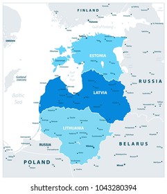 Political Map of the Baltic States In Three Shades of Blue. Vector illustration.