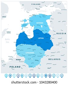 Political Map of the Baltic States In Three Shades of Blue And Navigation Icons. Vector illustration.