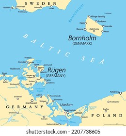 Political map of Bornholm, an Danish island, and Ruegen, the largest island of Germany. Both islands are located in the southern Baltic Sea, a marginal sea of the Atlantic Ocean. Illustration. Vector