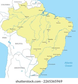 Political map of Brazil with national borders, cities and rivers