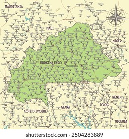 Political map of Burkina Faso vintage fantasy style