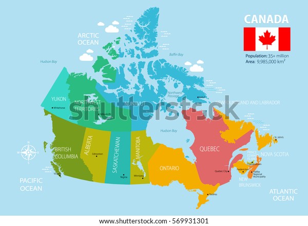 カナダの政治地図 地域と州 非常に詳細なベクターイラスト カナダ国旗 楓の葉 北米 トラベルコンパス 子どもの教育のポスターにもなる のベクター画像素材 ロイヤリティフリー