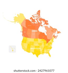 Political map of Canada and United States of America with administrative divisions. Colorful map with countries and states name labels. Vector illustration