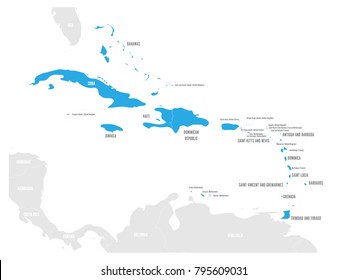 Political Map Of Carribean. Blue Highlighted States And Dependent Territories. Simple Flat Vector Illustration.