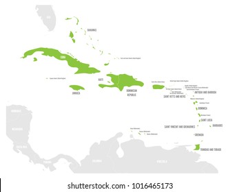 Political map of Carribean. Green highlighted states and dependent territories. Simple flat vector illustration.