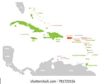 Political Map Of Carribean. Green Highlighted Sovereign States And Orange Dependent Territories. Simple Flat Vector Illustration.