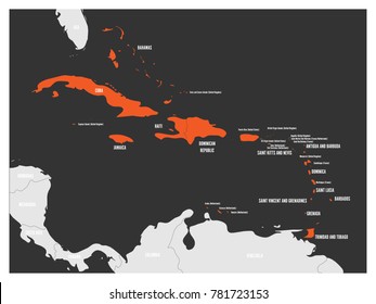 Political Map Of Carribean. Orange Highlighted States And Dependent Territories. Simple Flat Vector Illustration.