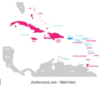 Political map of Carribean. Pink highlighted sovereign states and blue dependent territories. Simple flat vector illustration.