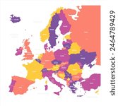 Political map of Europe. Blue colored vector map with capital cities of european countries and bodies of water around continent.