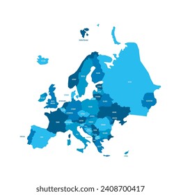 Political map of Europe. Blue colored land with country name labels on white background. Ortographic projection. Vector illustration