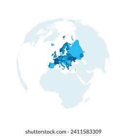 Political map of Europe. Blue colored land with country name labels on white background. Ortographic projection. Vector illustration