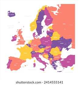 Political map of Europe. Blue colored vector map with capital and important cities of european countries and bodies of water around continent.