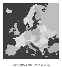 Political map of Europe. Blue colored blank vector map with capital cities of european countries.