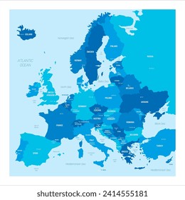Political map of Europe. Blue colored vector map with capital cities of european countries and bodies of water around continent.