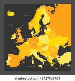 Mapa político de Europa. Mapa vectorial de color azul con capitales y ciudades importantes de países europeos y masas de agua alrededor del continente.