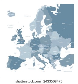 Political map of Europe. Blue colored vector map with capital and important cities of european countries and bodies of water around continent.