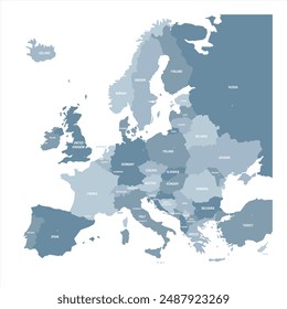 Political map of Europe. Blue colored vector map with capital cities of european countries.