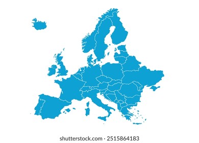 Mapa político de Europa. Mapa de Vector de color azul con las capitales de los países europeos y masas de agua alrededor del continente.