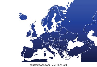 Mapa político da Europa. Mapa do vetor em branco de cor azul com capitais de países europeus.