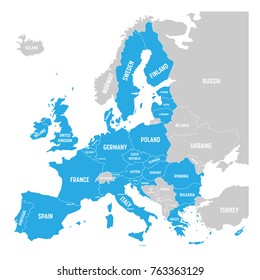 Political map of Europe with blue highlighted 28 European Union, EU, member states. Simple flat vector illustration.