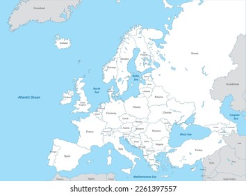 Political map of Europe with borders of the regions.