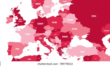 Political map of Europe and Caucasian region in shades of maroon on white background. Simple flat vector illustration.