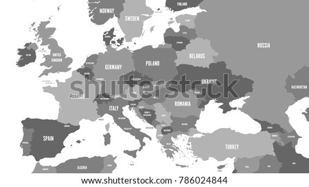 Political map of Europe and Caucasian region in shades of gray on white background. Simple flat vector illustration.
