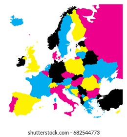 Political map of Europe continent in CMYK colors isolated on white background. Vector illustration.