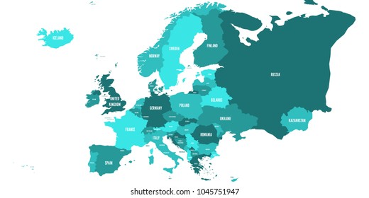 Political map of Europe continent in four shades of turquoise blue with white country name labels and isolated on white background. Vector illustration.