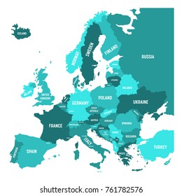 Political map of Europe continent in four shades of turquoise blue with white country name labels and isolated on white background. Vector illustration.
