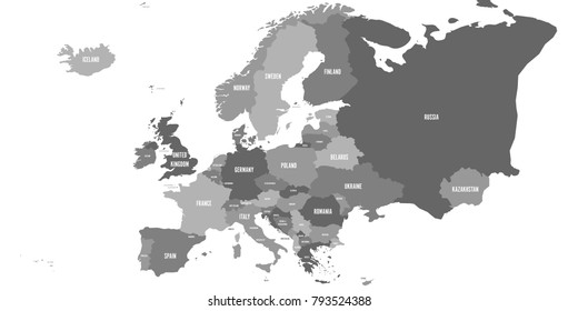 Political map of Europe continent in four shades of grey. With whole european part of Russia and Kazakhstan. Vector illustration.