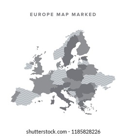 Political map of Europe continent in three color variants isolated on blank background. Vector illustration.