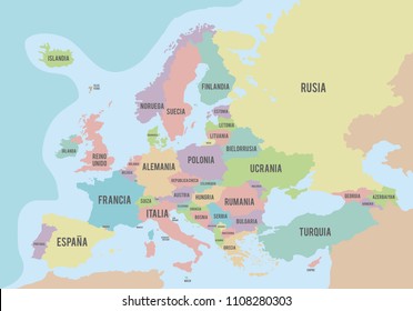 Political map of Europe with different colors for each country and names in Spanish. Vector illustration.