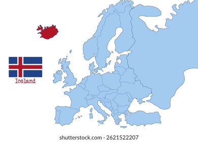 Political Map of Europe Highlighting Iceland with National Flag and Country Label in Bold Red on Northern Region