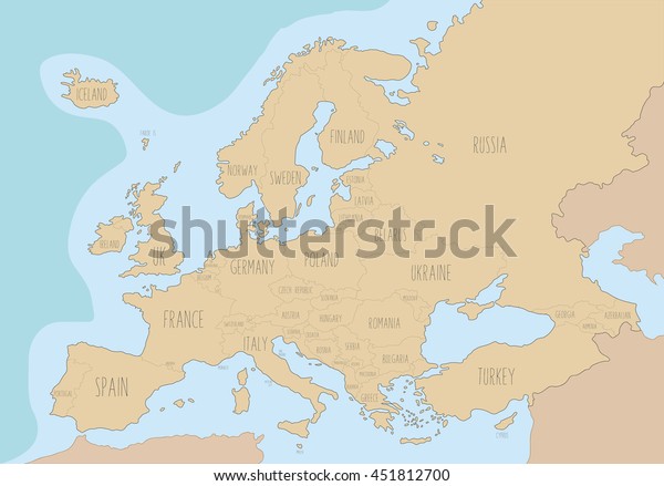 Political map of Europe with names in English. Vector Illustration