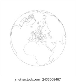 Political map of Europe. Thin black outline map with country name labels on white background. Ortographic projection. Vector illustration