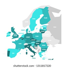 Political map of Europe with turquoise blue highlighted 28 European Union, EU, member states. Simple flat vector illustration.