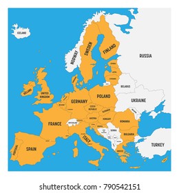 Political Map Of Europe With White Land And Yellow Highlighted 28 European Union, EU, Member States. Simple Flat Vector Illustration.