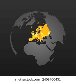 Political map of Europe. Yellow colored land with country name labels on dark gray background. Ortographic projection. Vector illustration