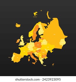 Political map of Europe. Yellow colored land with country name labels on dark gray background. Ortographic projection. Vector illustration