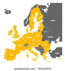 Political map of Europe with yellow highlighted 28 European Union, EU, member states. Simple flat vector illustration.