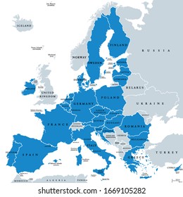 Political map of European Union member states. 27 EU member states, after United Kingdom left. Special member state territories are not included. Blue and gray illustration, English labeling. Vector.