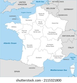 Political map of France with borders with borders of regions and countries